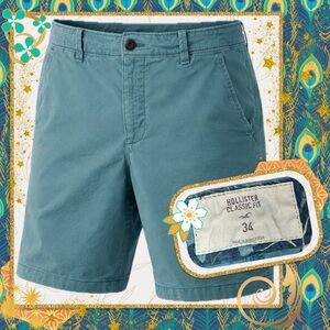 Hollister Classic Fit Mens Chino Shorts Size 34 Teal Blue Casual Summer Shorts